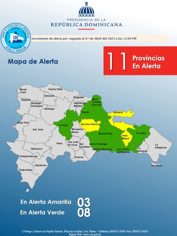 El COE coloca 03 provincias en alerta amarilla y 08 en verde por posibles crecidas de ríos, arroyos y cañadas