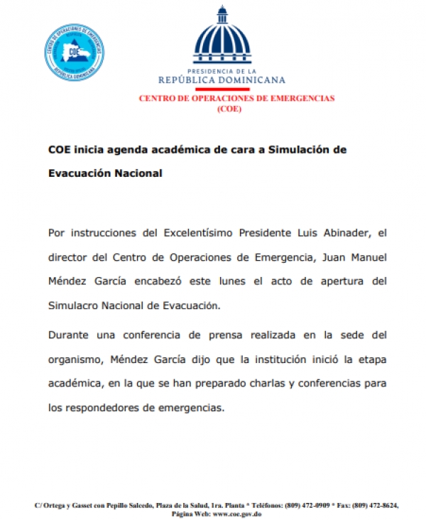 COE inicia agenda académica de cara a Simulación de Evacuación Nacional.