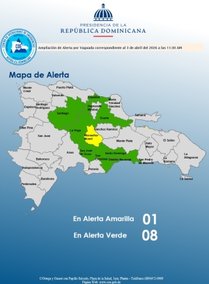 El COE mantiene 01 provincia en alerta amarilla y mantiene 07 y el Distrito Nacional en alerta verde