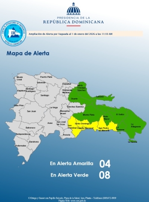 El COE mantiene 03 provincias y el Distrito Nacional en alerta amarilla y aumenta 08 en verde