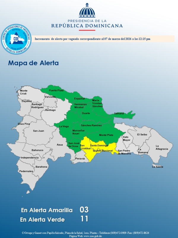 El COE coloca 02 provincias y el Distrito Nacional en alerta amarilla y ampl&iacute;a 11 en alerta verde