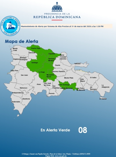 El COE mantiene 07 provincias y el Distrito Nacional en alerta verde