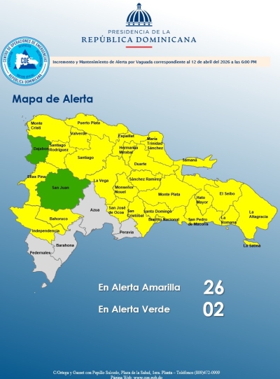 El COE mantiene 25 provincias y el Distrito Nacional en alerta amarilla y 02 en verde