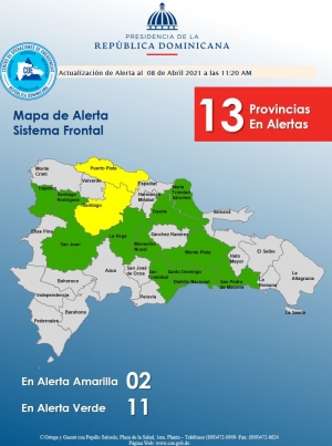El COE mantiene 11 provincias en alerta Verde y 2 en alerta Amarilla por posibles crecidas de r&iacute;os, arroyos y ca&ntilde;adas, as&iacute; como inundaciones repentinas o urbanas debido a la influencia de una vaguada ubicada cerca de la parte noroeste del pa&iacute;s y un s