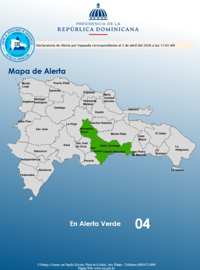 El COE coloca 03 provincias y el Distrito Nacional en alerta verde