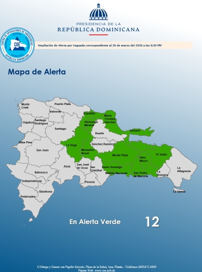 El COE amplía el nivel de alerta verde para 11 provincias y el Distrito Nacional