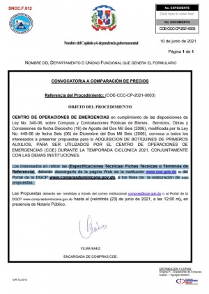Convocatoria y Pliego de Condiciones Botiquines COE