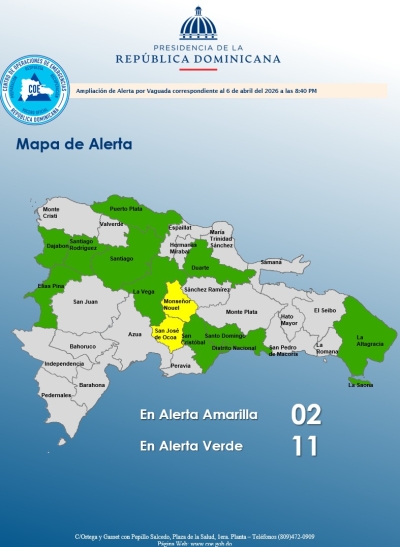 El COE mantiene 02 provincias en alerta amarilla y amplía 10 y el Distrito Nacional en verde