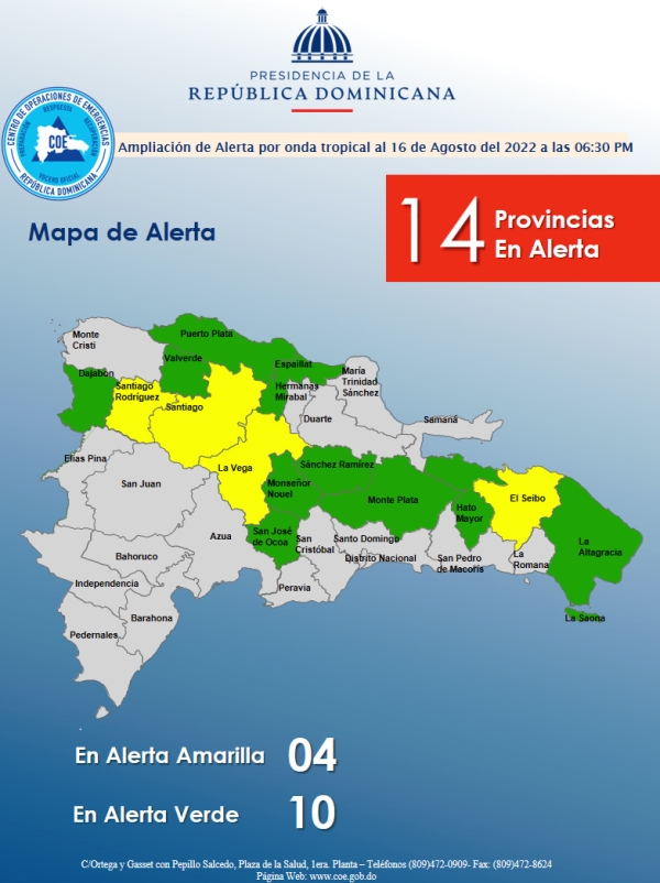 Ampliación de alerta por Onda Tropical 16,08,2022, 6,30pm.