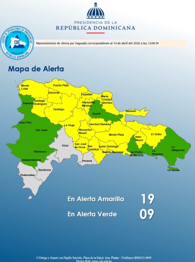 El COE mantiene 18 provincias y el Distrito Nacional en amarilla y 09 en verde