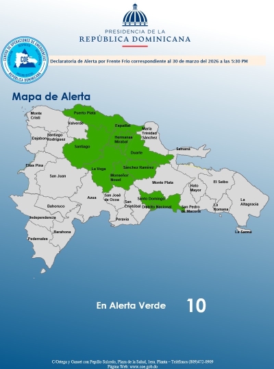 El COE coloca 09 provincias y el Distrito Nacional en alerta verde